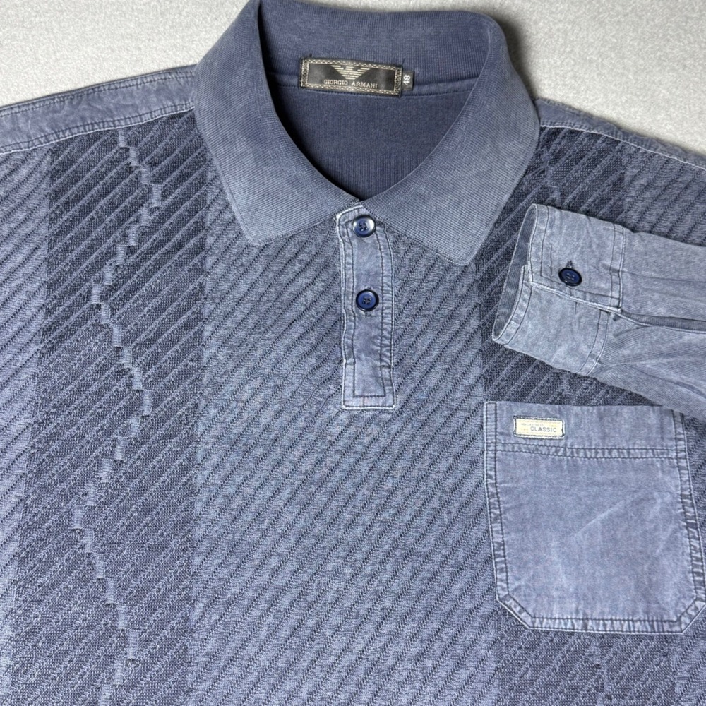 VTG Giorgio Armani Mens Long Sleeve Polo Shirt 48 Textured Knit Blue Cotton